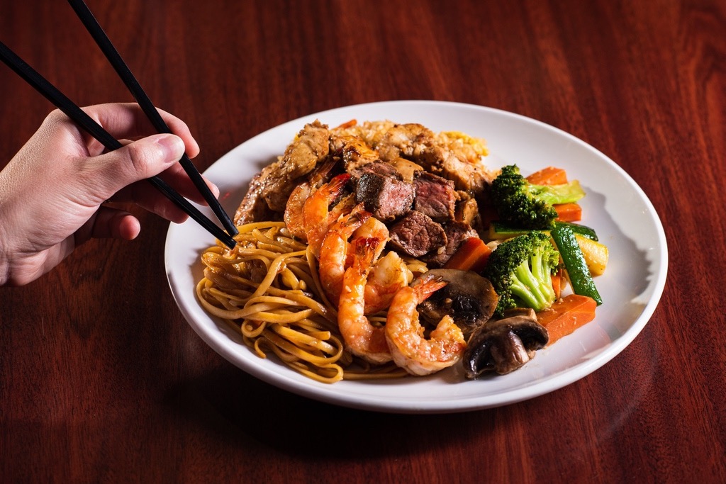Chopsticks in Kobe Trio with Shrimp, Sirloin, Chicken, Mixed vegetables, noodles and rice.